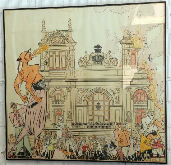 Boceto de la falla de la plaça del País Valencià (Valencia), actualmente Plaza del Ayuntamiento. Año 1987, dibujado por Sento Llobell según una idea de Manuel Vicent. Fuente: distritofallas.com