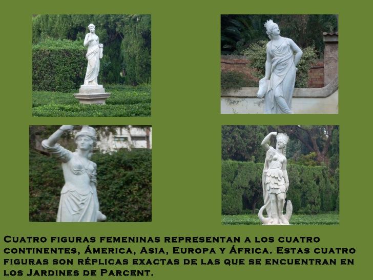 Imágenes de las 4 estatuas que están en los Jardines de Monforte a modo de réplica de las de Parcent. Fuente: claracan (SlideShare)