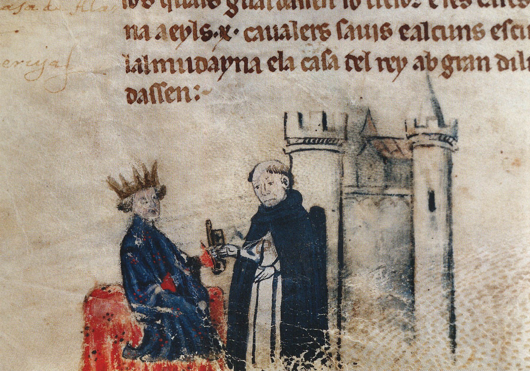 Jaume I con Fray Miquel Fabra, que durante el asedio de Jaime I a Medina Mayurqa, junto con otro predicador, Fray Berenguer de Castellbisbal, arengaban y bendecían a las tropas del Rey. Fuente: studiolum.com