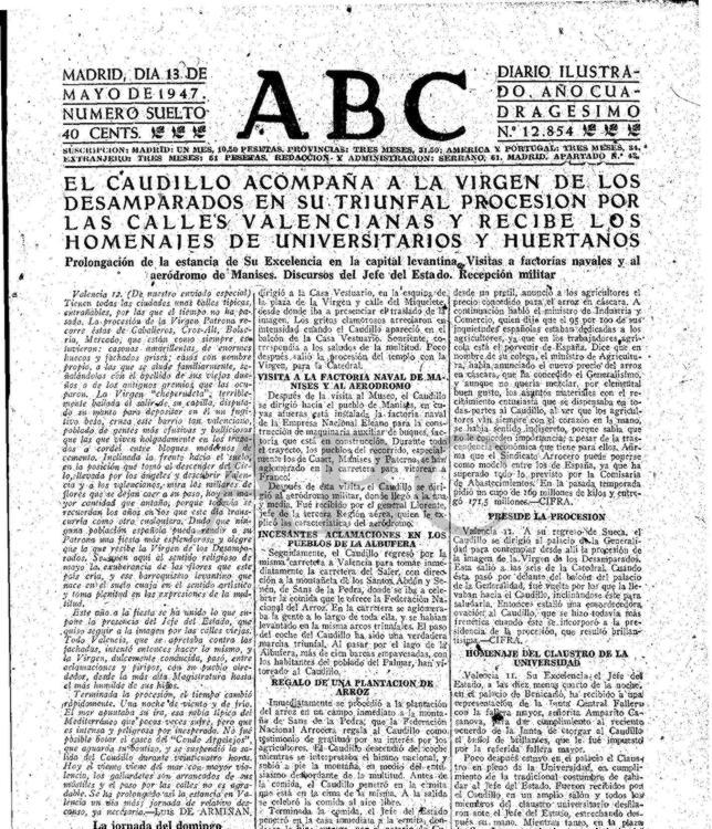 Portada de 1947 con la llegada de Franco. Fuente: ABC