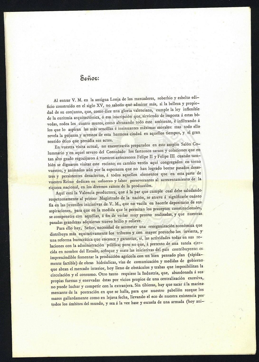 Página 2: Discurso lanzado a Su Majestad el Rey Alfonso XIII el 11 de abril de 1905 en la Lonja. Fuente: riunet.upv.es