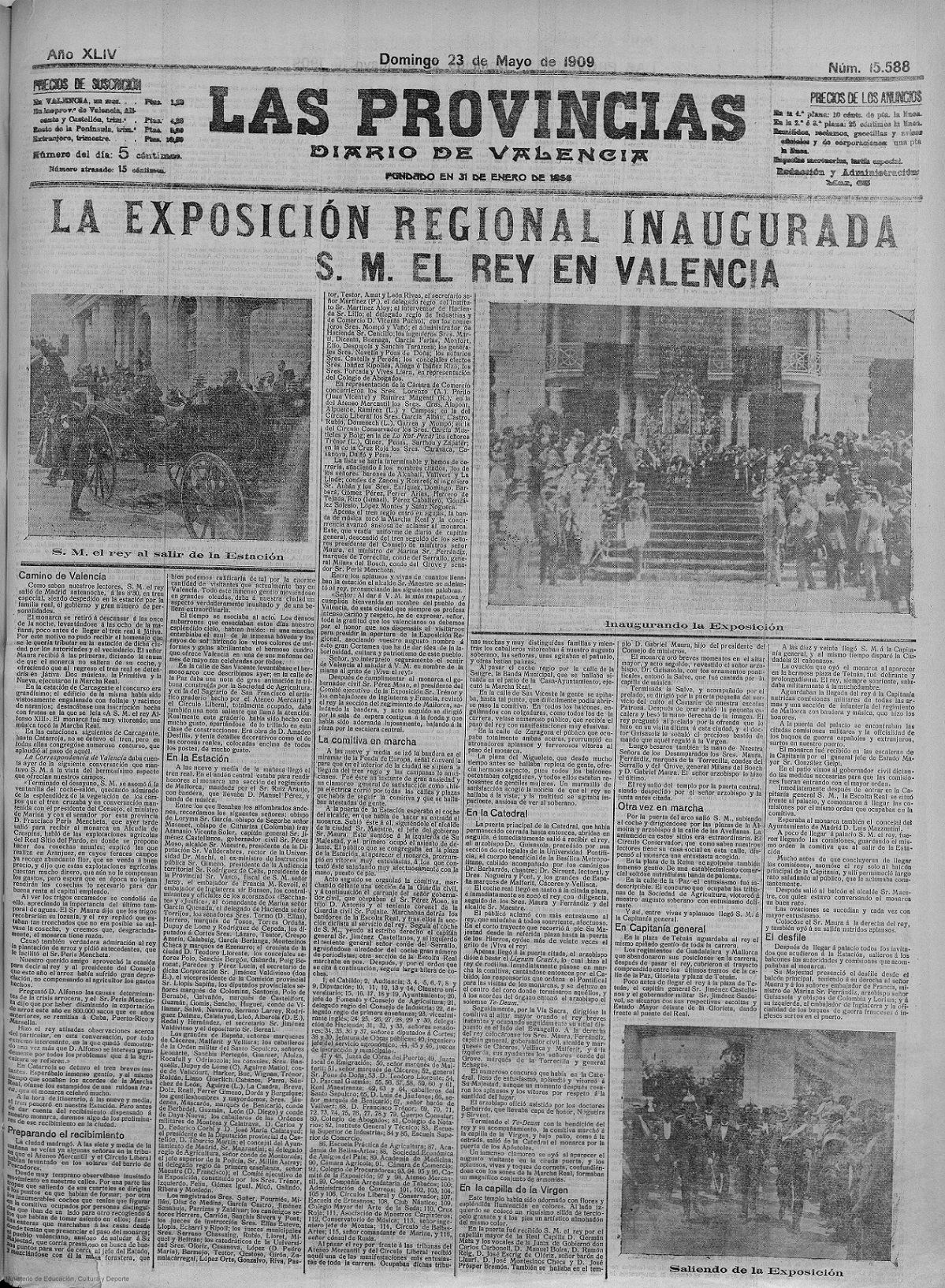 Portada del día 23 de mayo de 1909, 1 día después de la inauguración. Las Provincias : diario de Valencia: Año XLIV Número 15588 - 1909 mayo 23 (23/05/1909).