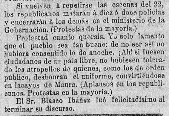 Las amenazas de Blasco Ibáñez en el Congreso. El Pueblo : diario republicano de Valencia (25/02/1904).