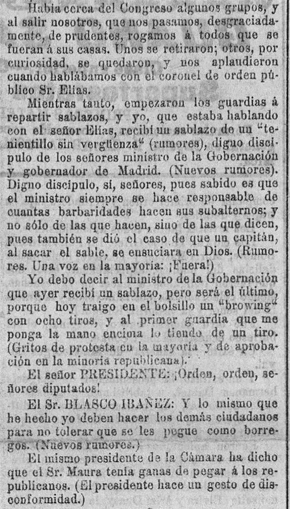 'El Pueblo : diario republicano de Valencia (26/02/1904). En este fragmento se hace referencia a los hechos ocurridos el lunes 22 de febrero y a las manifestaciones en el Congreso del 23 de febrero, donde Blasco, bien podría decirse, "iba preparado".