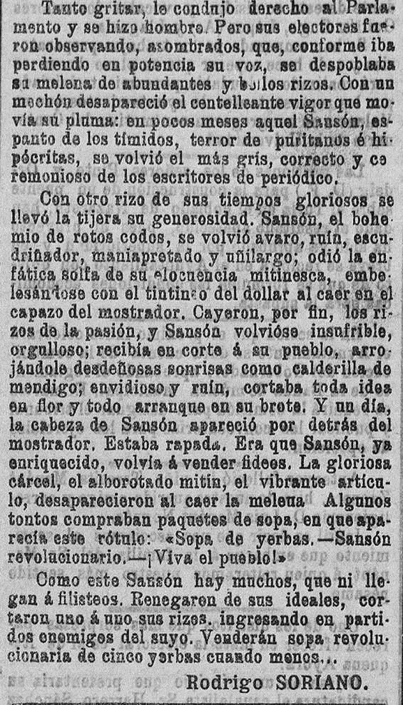 Fragmento del artículo de Rodrigo Soriano donde criticaba a Vicente Blasco Ibáñez comparándolo con Sansón, el traga hombres del Estado de Indianápolis. El Pueblo : diario republicano de Valencia (04/02/1903).