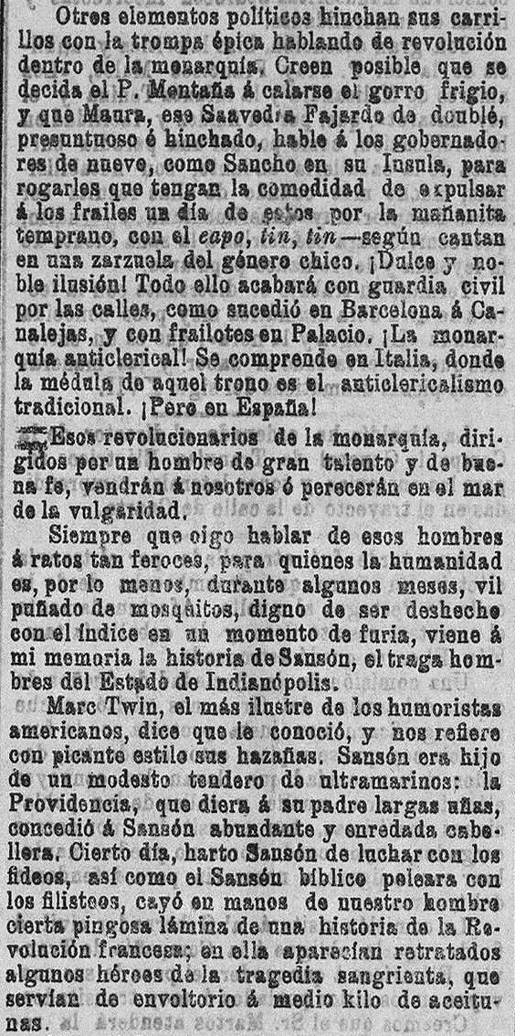 Fragmento del artículo de Rodrigo Soriano donde criticaba a Vicente Blasco Ibáñez comparándolo con Sansón, el traga hombres del Estado de Indianápolis. El Pueblo : diario republicano de Valencia (04/02/1903).