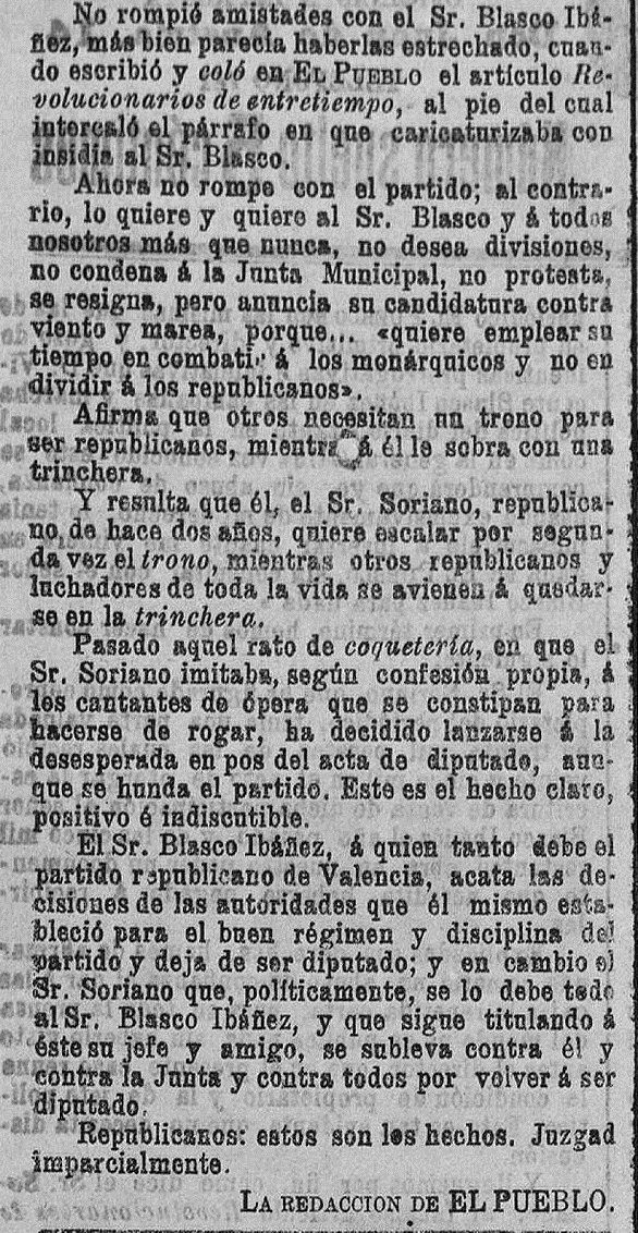 Fragmento final de la respuesta de la redacción de "El Pueblo": diario republicano de Valencia (18/02/1903).