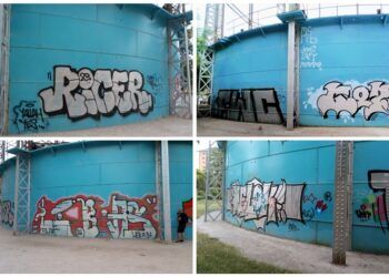 El gasómetro del jardín del Parque Gas Lebon de Valencia, símbolo industrial, lleno de pintadas