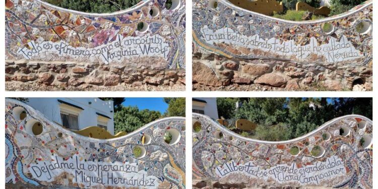 El Muro de la Filosofía de Gilet, un gran muro de trencadís con 26 frases filosóficas