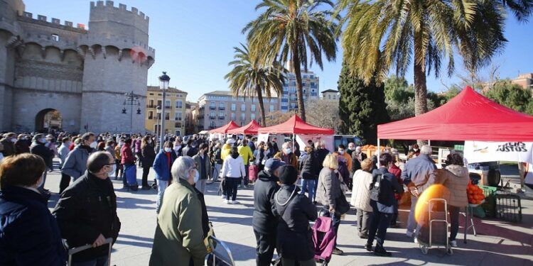Mercado extraordinario de naranjas y limones junto a las Torres de Serranos de Valencia