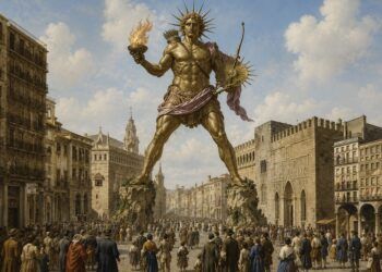 Recreación artística de cómo pudo lucir el Coloso de Rodas levantado en la plaza del Mercado de Valencia durante las fiestas de beatificación de san Juan de Ribera, en agosto de 1797.