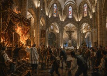 Recreación del incendio de la iglesia de Santa Catalina de Valencia.