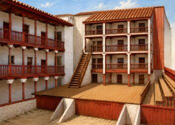 Recreación artística de un corral de comedias del Siglo de Oro. El primer Corral de la Olivera de Valencia, inaugurado en 1584, debió presentar un aspecto similar, con un patio central descubierto, escenario elevado y galerías para los espectadores, aunque no se conserva una representación exacta de cómo era. Esta recreación se realiza en base a Ramón Rodríguez, Biblioteca Virtual Miguel de Cervantes.
