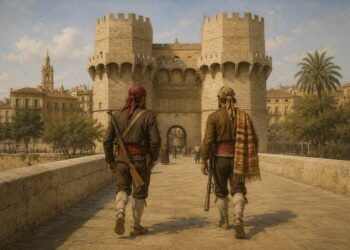 Representación de dos roders valencianos entrando por las Torres de Serranos. Imagen realizada por IA.