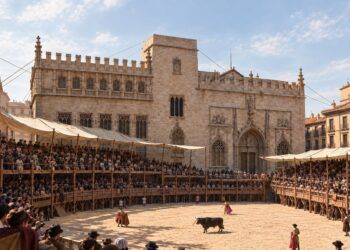 Recreación del cadafalch que se instalaba frente a la Lonja de la Seda en la plaza del Mercado de Valencia.